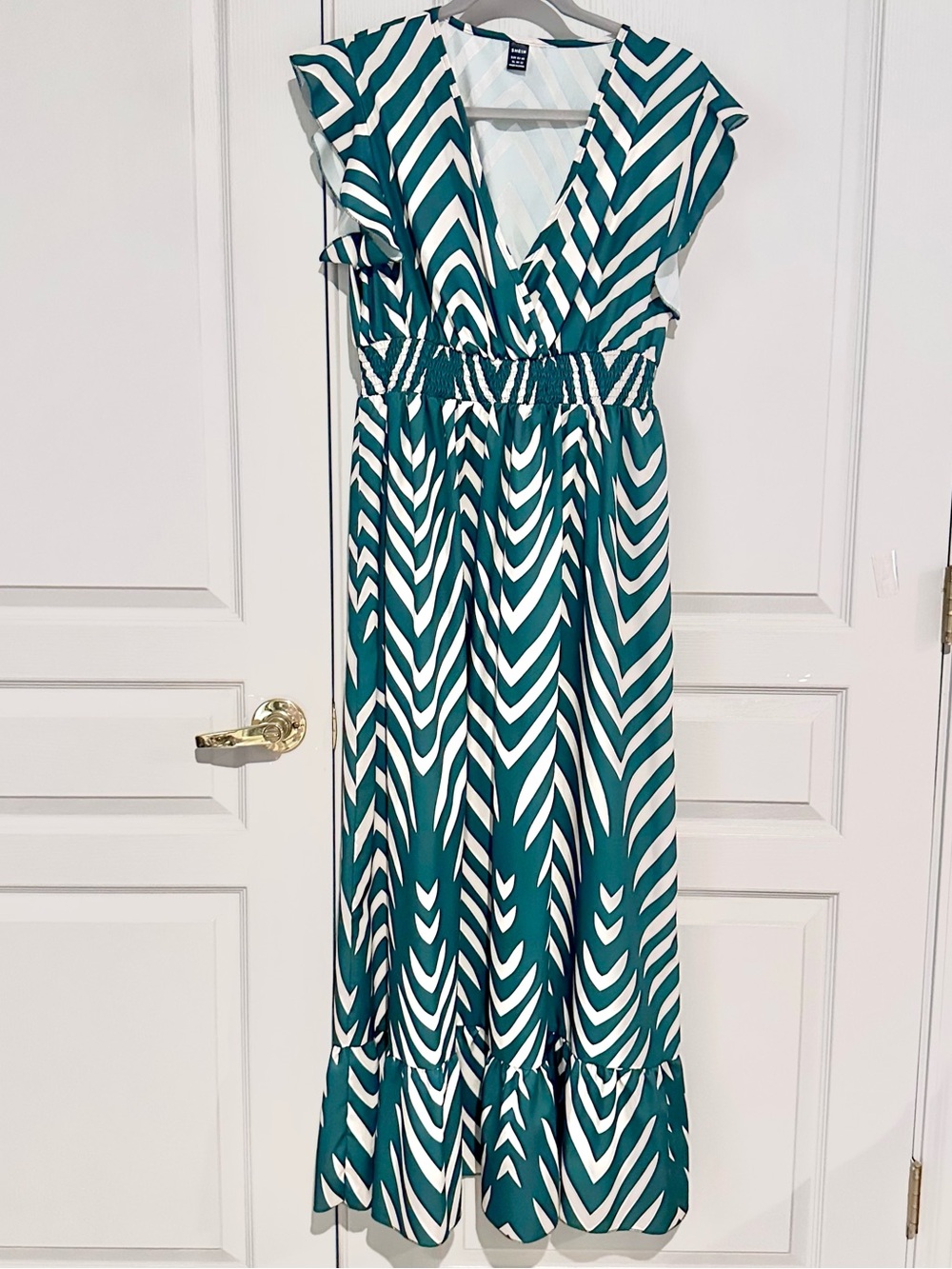 Green & white patterned long dress